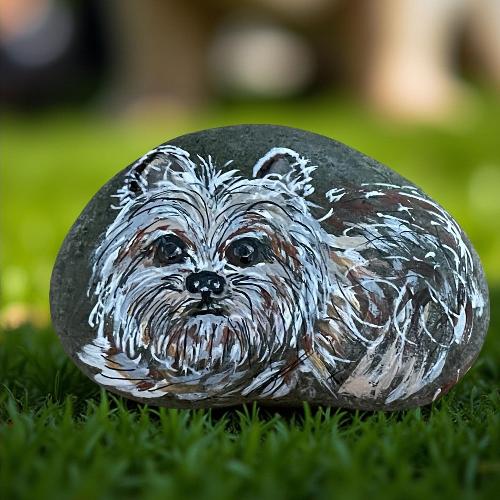 Hand crafted painted dog on natural rock brown white puppy 1.5x2.5 inches approx